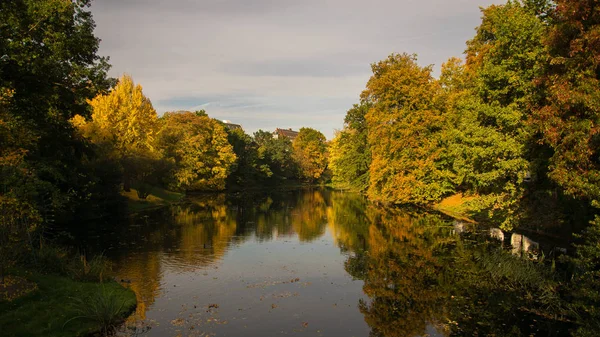 Bremen Almanya, parlak renkli yaprakları ile sonbahar ve su yansıması parkından görünümü