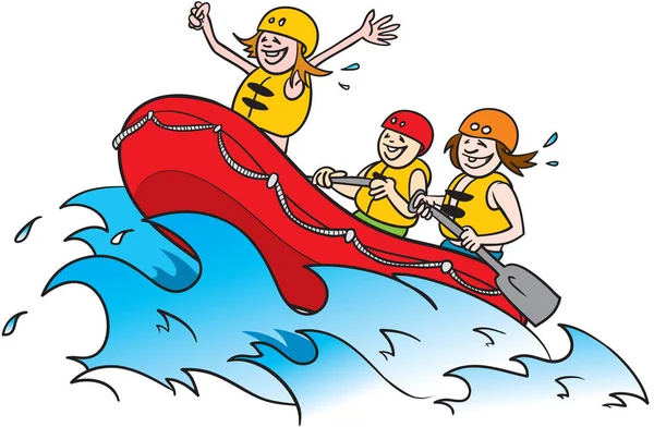Rafting Sull Acqua Bianca Illustrazione Del Cartone Animato Tre Persone — Vettoriale Stock