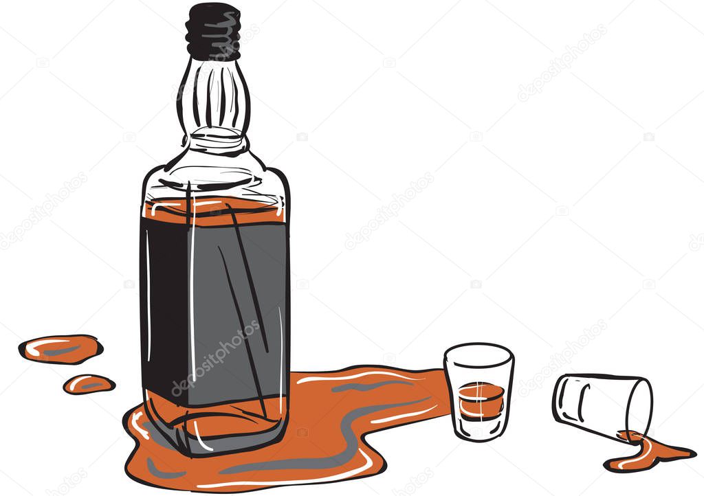 A whisky bottle and two shot glasses with some whisky spilled around them.