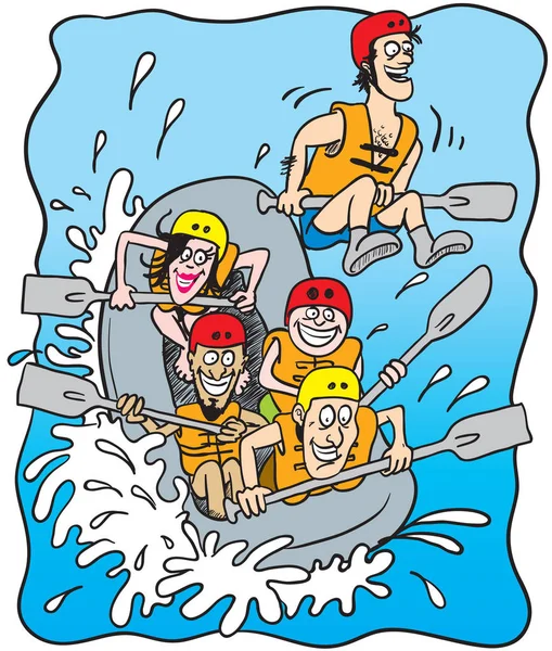 Illustrazione Cartone Animato Cinque Persone Felici Rafting Una Barca — Vettoriale Stock