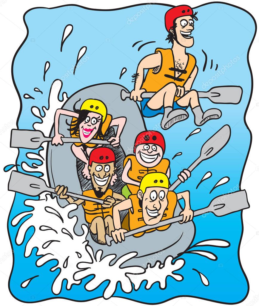 cartoon illustration of five happy people rafting on a boat
