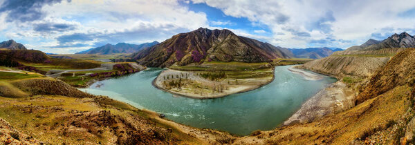 Amazing panoramic view of confluence beautiful  mountain rivers Chuya & Katun. Panorama wonderful picturesque popular highlands. Art image, peaceful Chuya-Katun valley, Gorny Altai, Siberia, Russia.