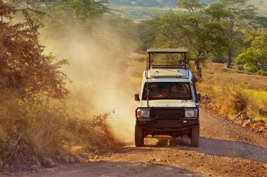 Safari araba Suv 4 x 4 üzerinde off-road savannah Ngorongoro koruma, Tanzanya kirli. Afrika rezerv manzara arka plan üzerine açık çatı 4wd safari cip. Ortak otomatik Afrika kırsal, yatay fotoğraf                           