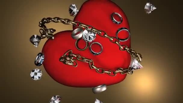 宝石在缓慢的运动中落在红色的心上 — 图库视频影像