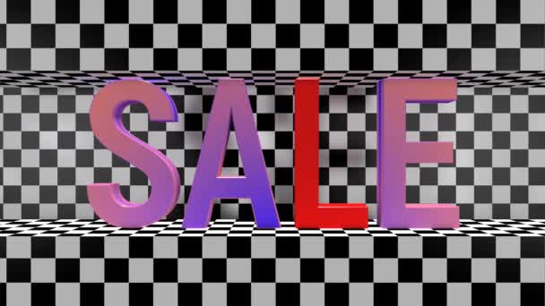 Word Sale Flashes Changes Color Checkerboard Background — Stock Video