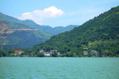 Feiyun nehri kıyıları köyleri, tarlaları, anıtları ve ormanları ile sıcak bir haziran günü altında.