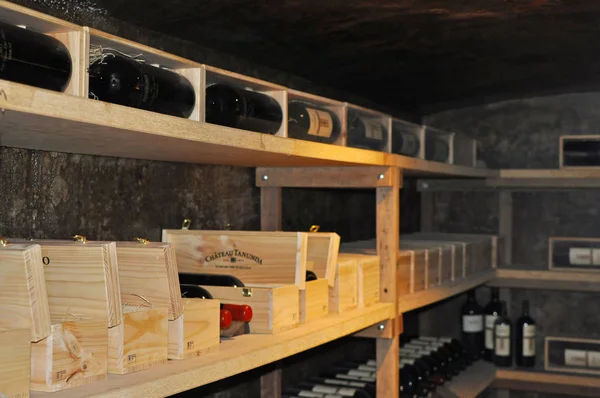 Esposizione Bottiglie Vino Molto Vecchie Vintage Polverose Una Cantina Nella — Foto Stock