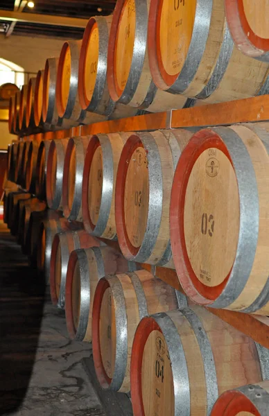木樽熟成 熟成ワインの中では オーストラリアのバロッサ バレーでセラーのドア 世界の有名なワインを作る — ストック写真
