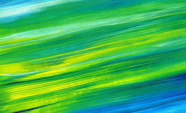 Yeşil, mavi, sarı karışık renklerde soyut akrilik resim. Arka plan, doku, tasarım öğesi olarak kullanmak için. 