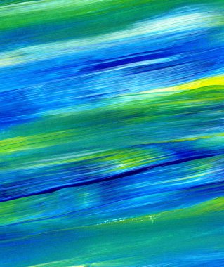 Yeşil, mavi, sarı karışık renklerde soyut akrilik resim. Arka plan, doku, tasarım öğesi olarak kullanmak için. 