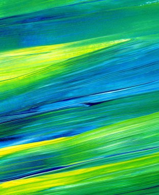 Yeşil, mavi, sarı karışık renklerde soyut akrilik resim. Arka plan, doku, tasarım öğesi olarak kullanmak için. 