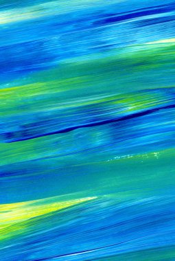 Yeşil, mavi, sarı karışık renklerde soyut akrilik resim. Arka plan, doku, tasarım öğesi olarak kullanmak için. 