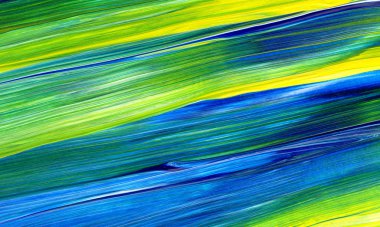 Yeşil, mavi, sarı karışık renklerde soyut akrilik resim. Arka plan, doku, tasarım öğesi olarak kullanmak için. 