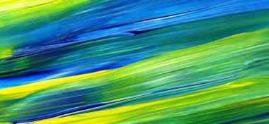 Yeşil, mavi, sarı karışık renklerde soyut akrilik resim. Arka plan, doku, tasarım öğesi olarak kullanmak için. 