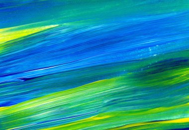 Yeşil, mavi, sarı karışık renklerde soyut akrilik resim. Arka plan, doku, tasarım öğesi olarak kullanmak için. 