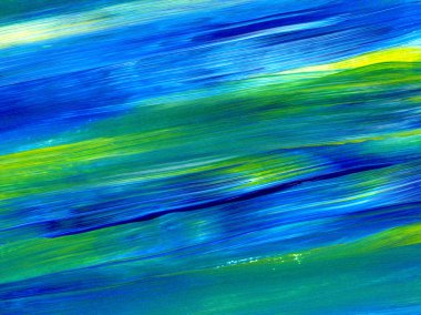 Yeşil, mavi, sarı karışık renklerde soyut akrilik resim. Arka plan, doku, tasarım öğesi olarak kullanmak için. 