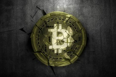 kırık bitcoin koyu arka planda, 3d render