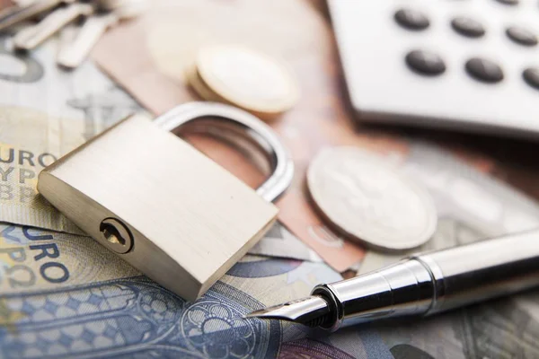 挂锁和钱 概念资金安全 — 图库照片