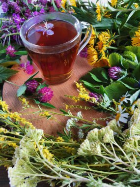 Tahta tepside bir kupa bitki çayı.