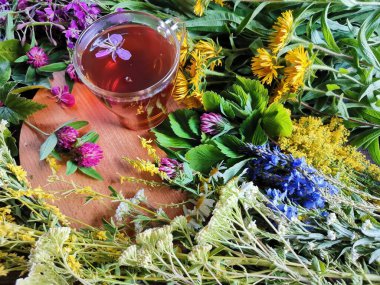 Taze orman otları ve cam bardakta çay.