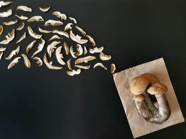 Concept of mushroom harvesting. Fresh pickers and dried mushrooms on a black background flying in a paper bag — Stock Photo, Image