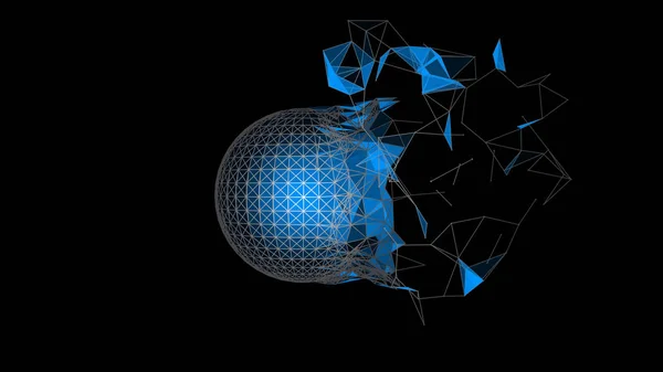 Sphère Bleue Des Particules Désintègre Élément Abstrait Sur Fond Noir — Image vectorielle