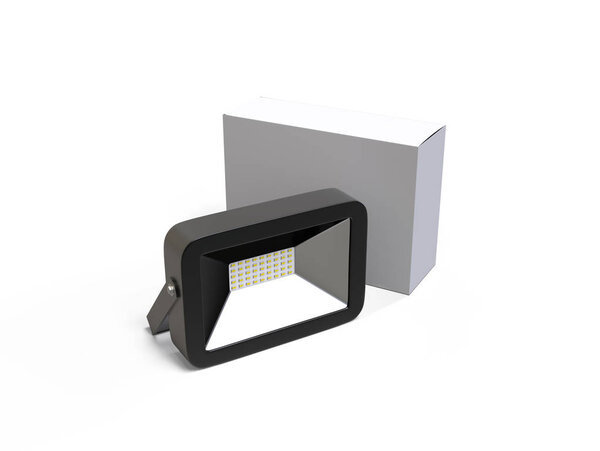 3D illustration of black LED floodlight isolated on white background