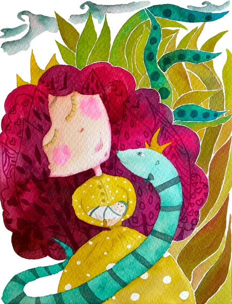Kreskówka Dziewczyna Egle Królowej Literą Baby Wąż Akwarela Dziecko Ilustracja — Zdjęcie stockowe