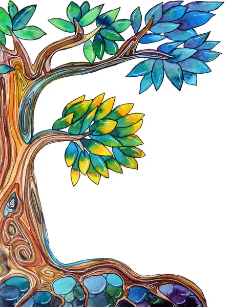 Watercolor drawn illustration of a peaceful tree in beautiful green, blue and yellow tones on white