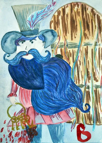 Watercolor ariginal work of magic hand drawn character design of Bluebeard and keys — Stock Photo, Image
