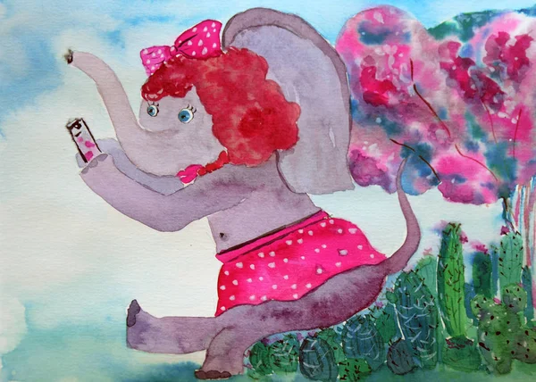 Drawn card with the image of gray elephant, making a photograph and in danger to sit on cacti flowerbed