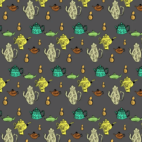 Seamless pattern with teapots and cups as wallpapers, gift wrap and scrapbook. Vector illustration.