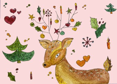 Vintage Noel kartı ile suluboya geyik