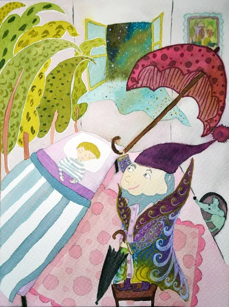 Watercolor illustration of the boy with ole lukoe fairy tale by Hans Christian Andersen — Stock Photo, Image