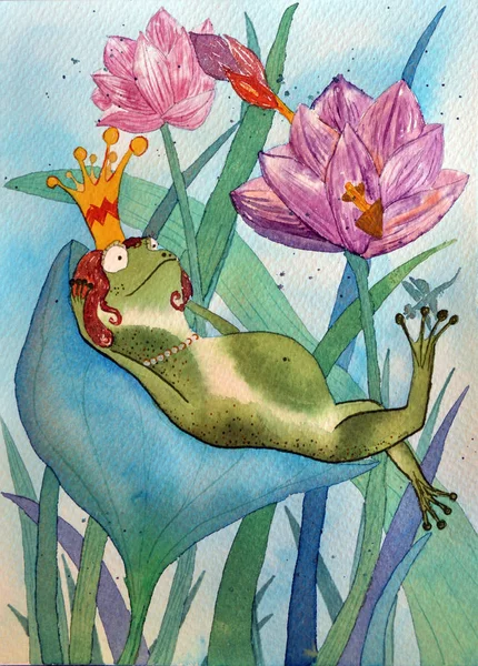 Frog in crown. Hand watercolor drawing illustration of Queen frog in lotuses