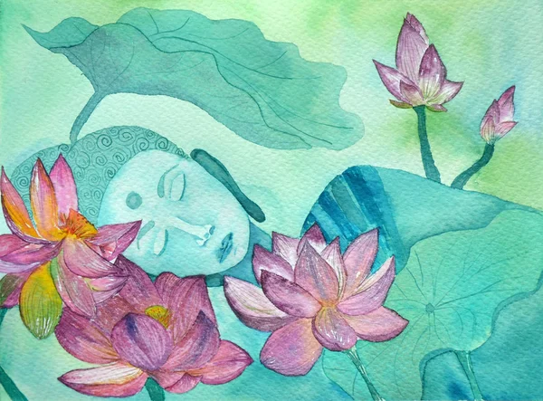 Buddha silhouette kék színben és lotuseswth halkan elmosódott háttér Jogdíjmentes Stock Képek