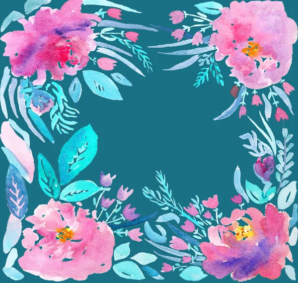 Akwarela Kwiaty Piękne Rozmycie Różowy Niebieskim Tle — Zdjęcie stockowe
