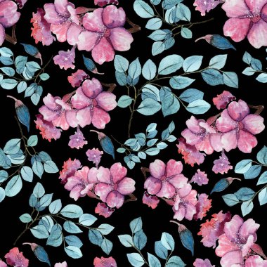 Sacura çiçekleri ve mentollü yapraklarla kusursuz çiçek arkaplanı. Elle boyanmış suluboya resim.