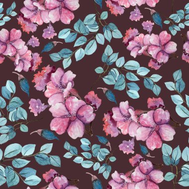 Sacura çiçekleri ve mentollü yapraklarla kusursuz çiçek arkaplanı. Elle boyanmış suluboya resim.