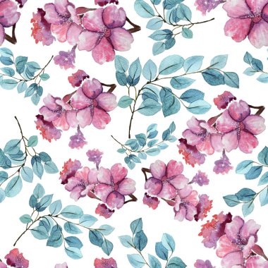 Sacura çiçekleri ve mentollü yapraklarla kusursuz çiçek arkaplanı. Elle boyanmış suluboya resim.