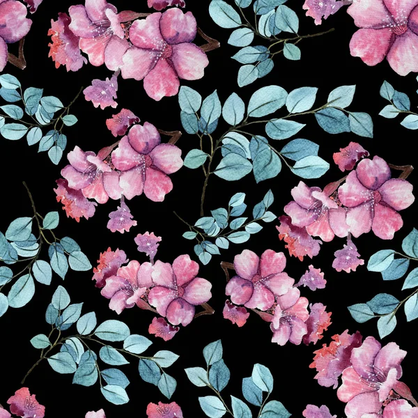 Безшовний квітковий фон з квітами сакури та листя ментолу. Розфарбований вручну акварельний живопис . — стокове фото