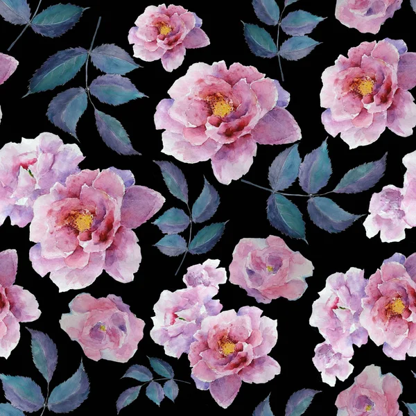 수채화의 꽃무늬와, 조랑말 과 잎의 매끄럽지 못한 배경. 손을 그렸다. 옷감, 종 이 또는 벽지를 위한 부드러운 디자인. 래스터 일러스트. — 스톡 사진