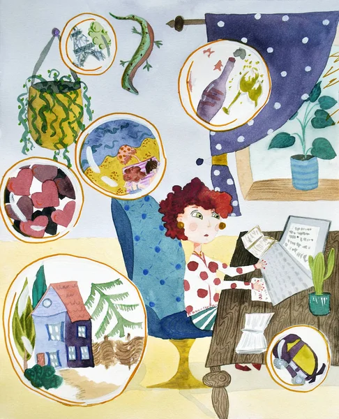 Akvarell lány munka az asztalnál laptoppal, széken és ablakkal, növények és álmodozás Stock Kép