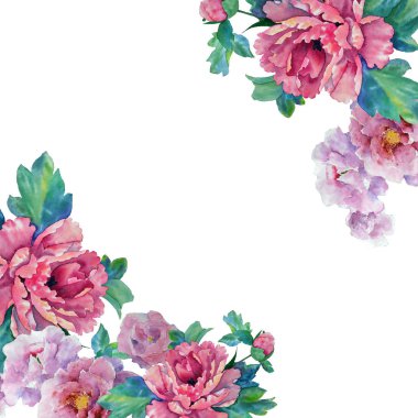 Dekoratif suluboya çiçekler çerçeve illüstrasyon, botanik çiçek kompozisyonu