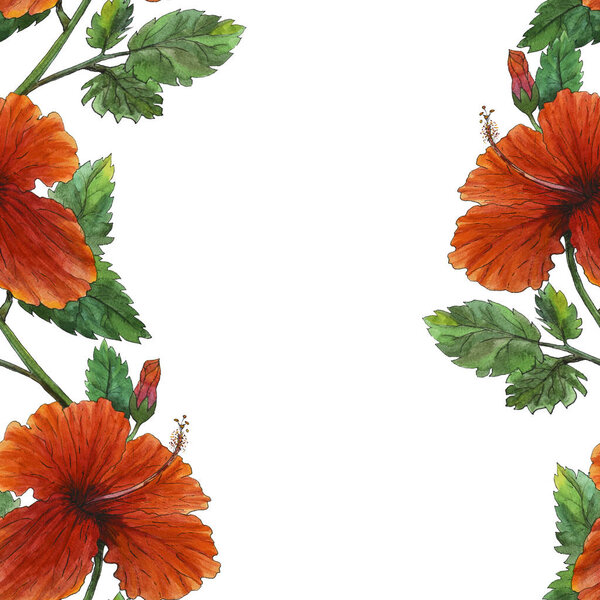 Watercolor original painting of red hibiscus seamless pattern