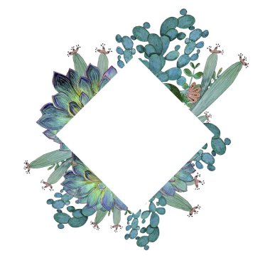 Opuntia ve diğer kaktüslerin suluboya beyaz çerçevesi