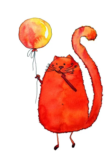 Красная кошка с жёлтым шариком — стоковое фото
