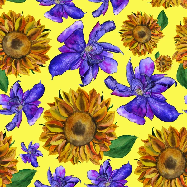 Clematis bright blue flower and yellow sunflower Seamless Pattern — ストック写真
