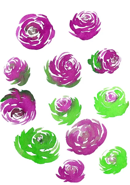 Zestaw szkic stylu akwarela różowe i zielone kwiaty róż — Zdjęcie stockowe