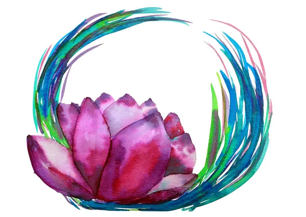 Watercolor lotus in pink colors isolated on a white background with blue round watercolor frame. Can be used for banner, cards, wedding invitations